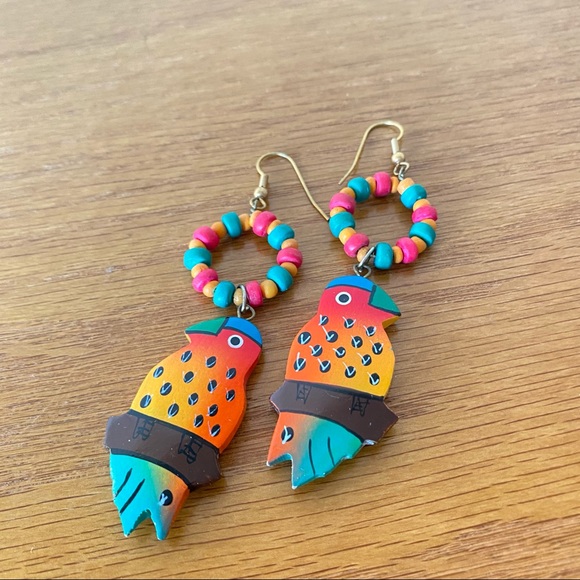 Vintage Wooden Beaded Bird Tropical Earrings